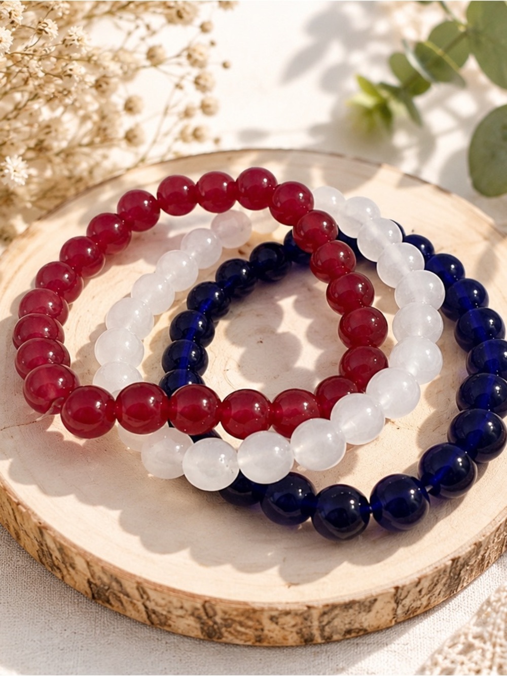 Three-Piece Beaded Stretch Bracelet Set - Red, White & Navy